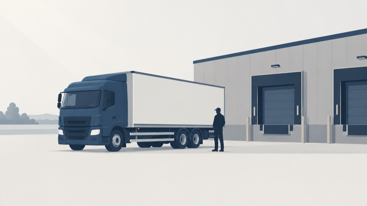 荷役バースの脇で順番を待つトラックと、そばに立つドライバーのシルエット