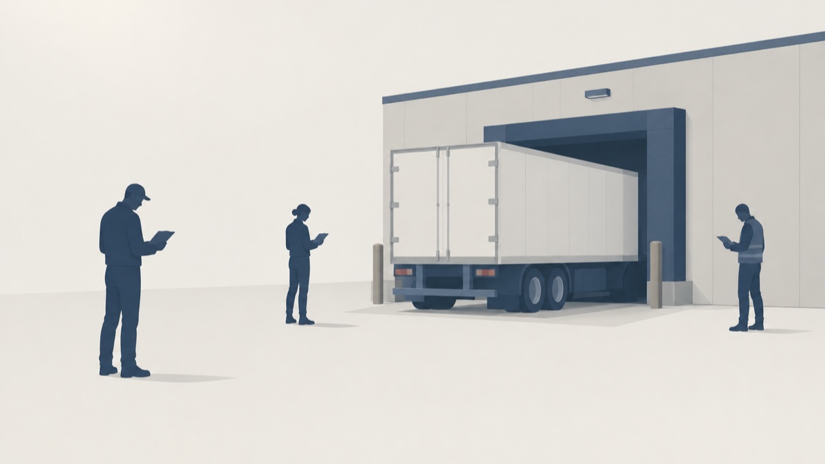 トラックが付いた荷捌き場の前で、離れて立ち、それぞれ手元の端末を確かめる三人のシルエット